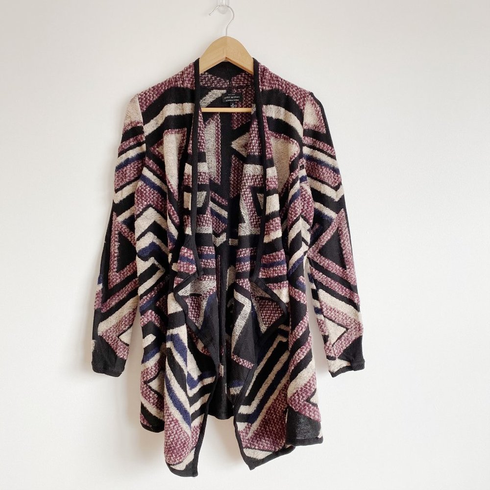 Lucky Brand NWOT Geo Drape Cardigan Sweater Open-Front, Burgundy/Cream Multi, M